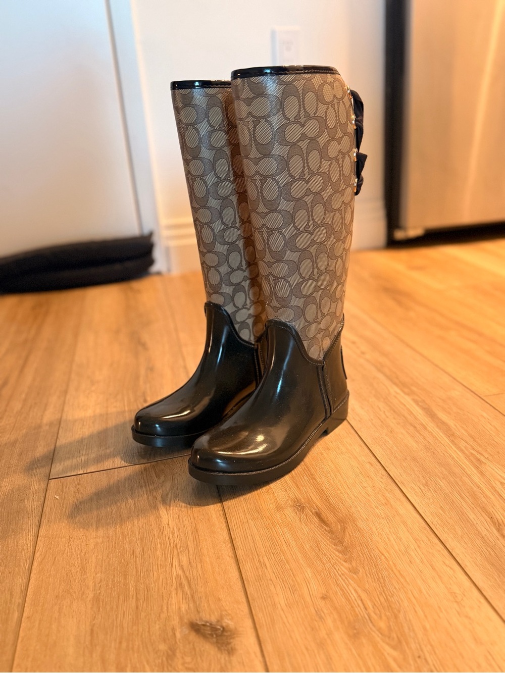 Coach Beige BrownSignature Tall Rain Boots with Brown Trim